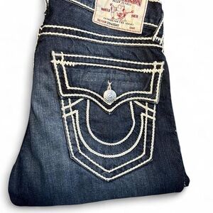 True Religion Mens Dark Wash Embroidered Pocket Jeans - Navy